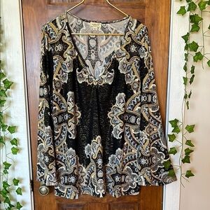 ONEWORLD Paisley Notch V Neck Metallic Fleck Tunic Blouse | 2X
